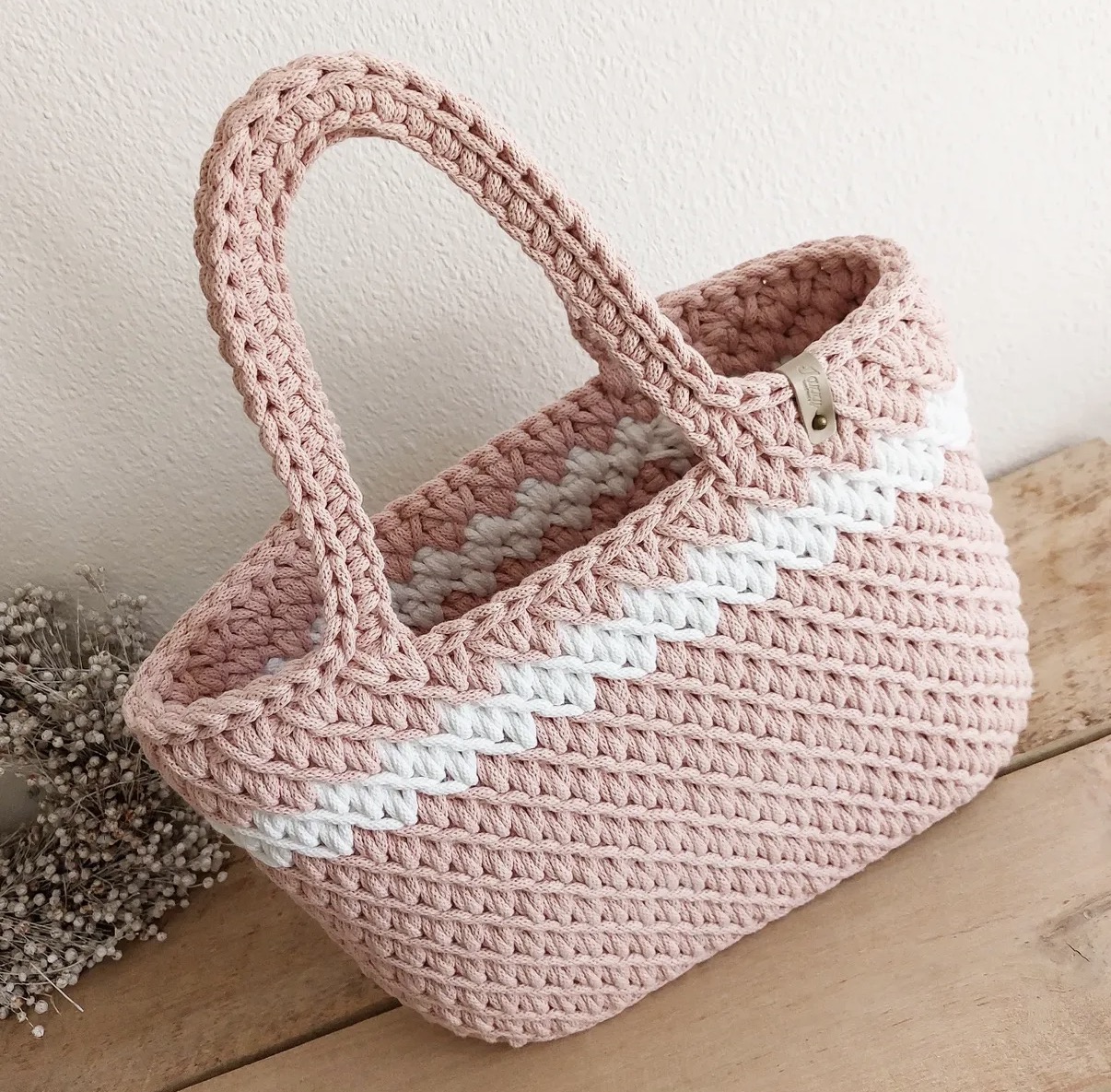 sac cabas en coton texturé au crochet fait main - point fantaisie - bicolore